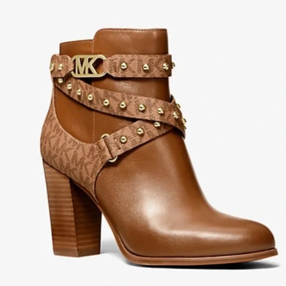Michael Kors Kincaid Studded Logo Trim Ankle Boots Brown Size 9.5
